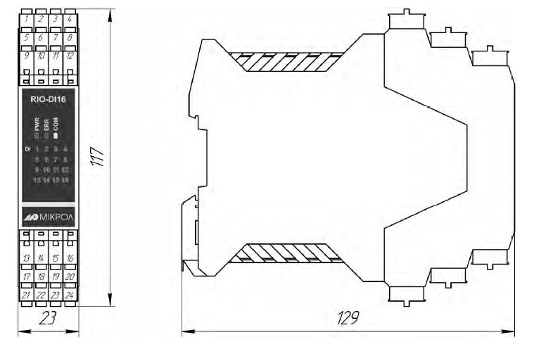 Схема габаритных размеров модуля дискретного ввода RIO-DI16