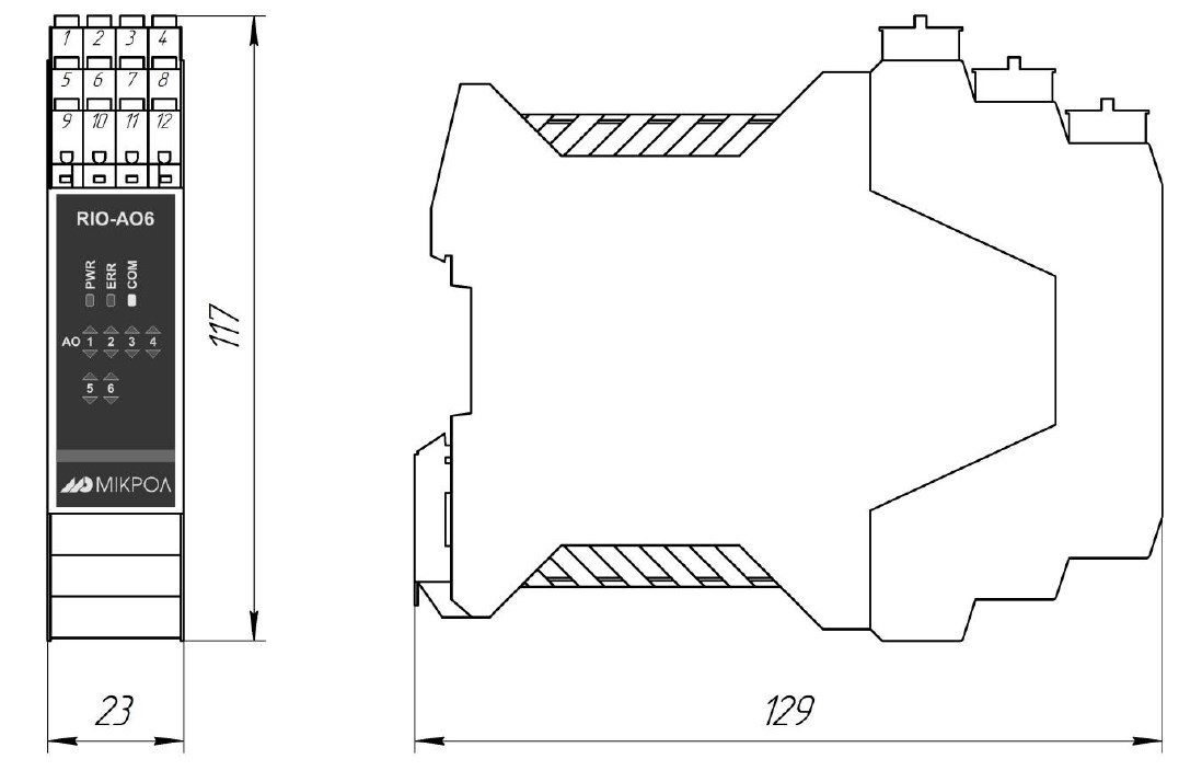 Схема габаритных размеров модуля RIO-AO6